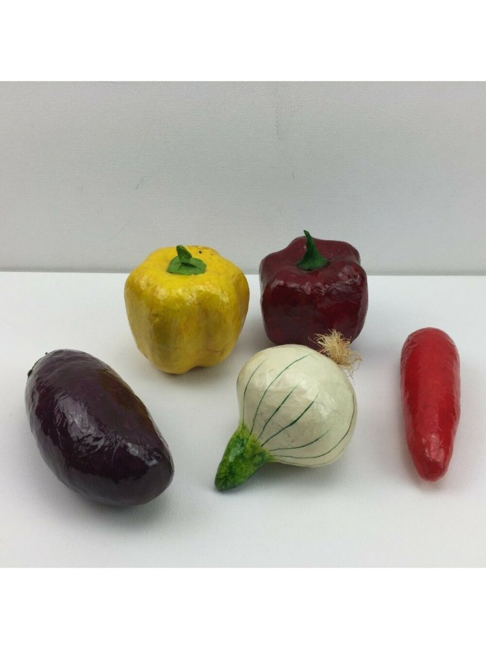Set 5 Paper Mache Vegetables Bell Peppers Onion Eggplant Chili Pepper Faux Decor